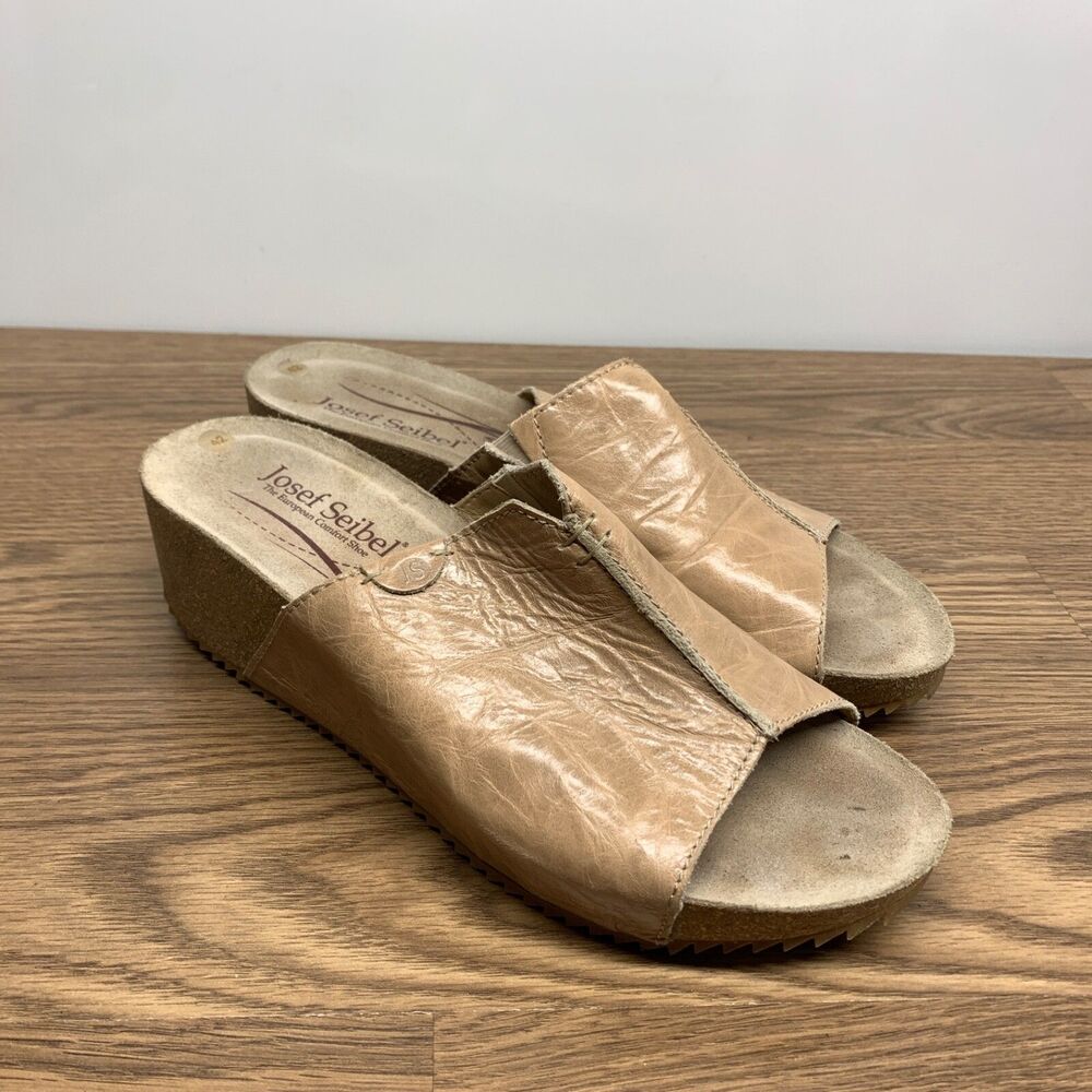 Josef Seibel Meike Tan Leather Slides‎ Mid Wedge Sandals EUR 42 US 11